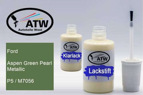Ford, Aspen Green Pearl Metallic, P5 / M7056: 20ml Lackstift + 20ml Klarlack - Set, von ATW Autoteile West.